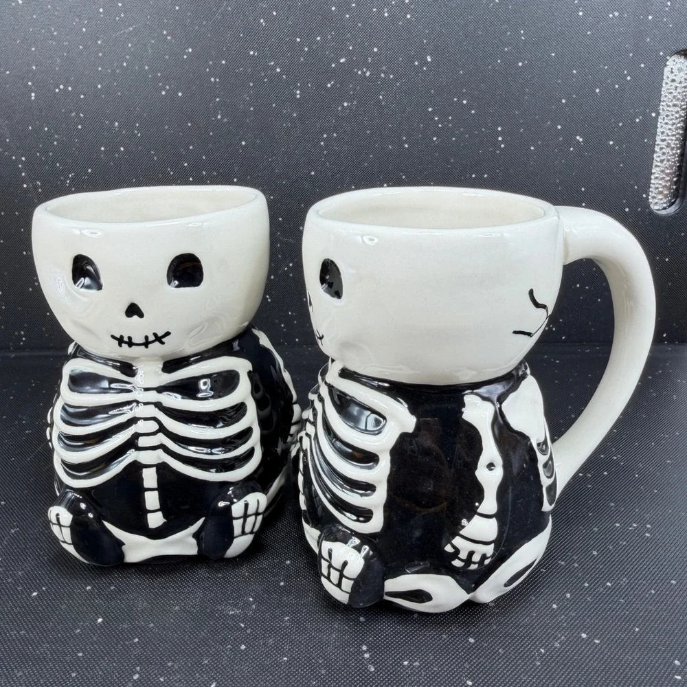 Pottery Barn Skeleton Mugs Set of 2 Black White Ceramic Halloween Coffee Cups
